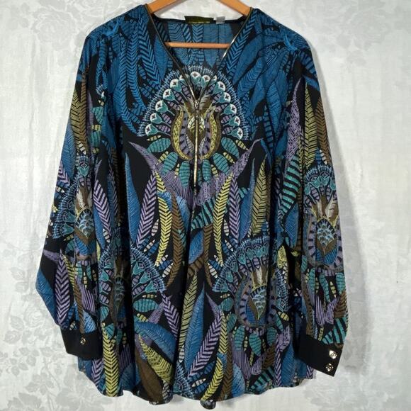 Bob Mackie Top 2X Black Blue Purple Feather Print 1/2 Zip Satin Tribal Peacock - Picture 1 of 10